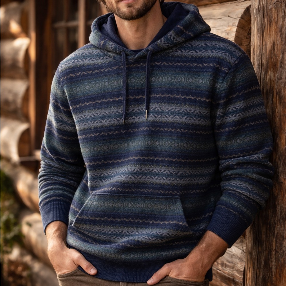 Izod Men’s Blue Fair Isle Hooded Knit Sweater Cabincore Ski Winter Gorpcore